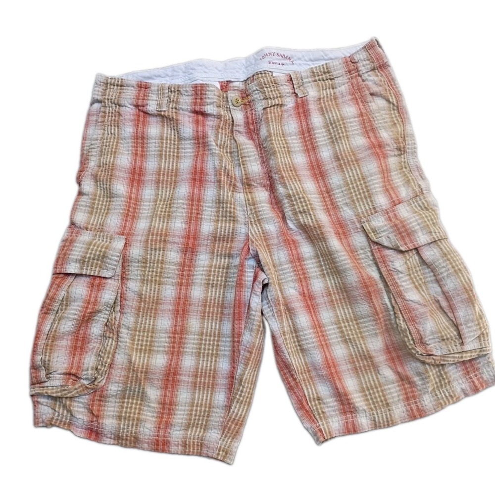 Tommy Bahama Jeans Men`s Cargo Short  Brown Orange Plaid Size  38 Relax